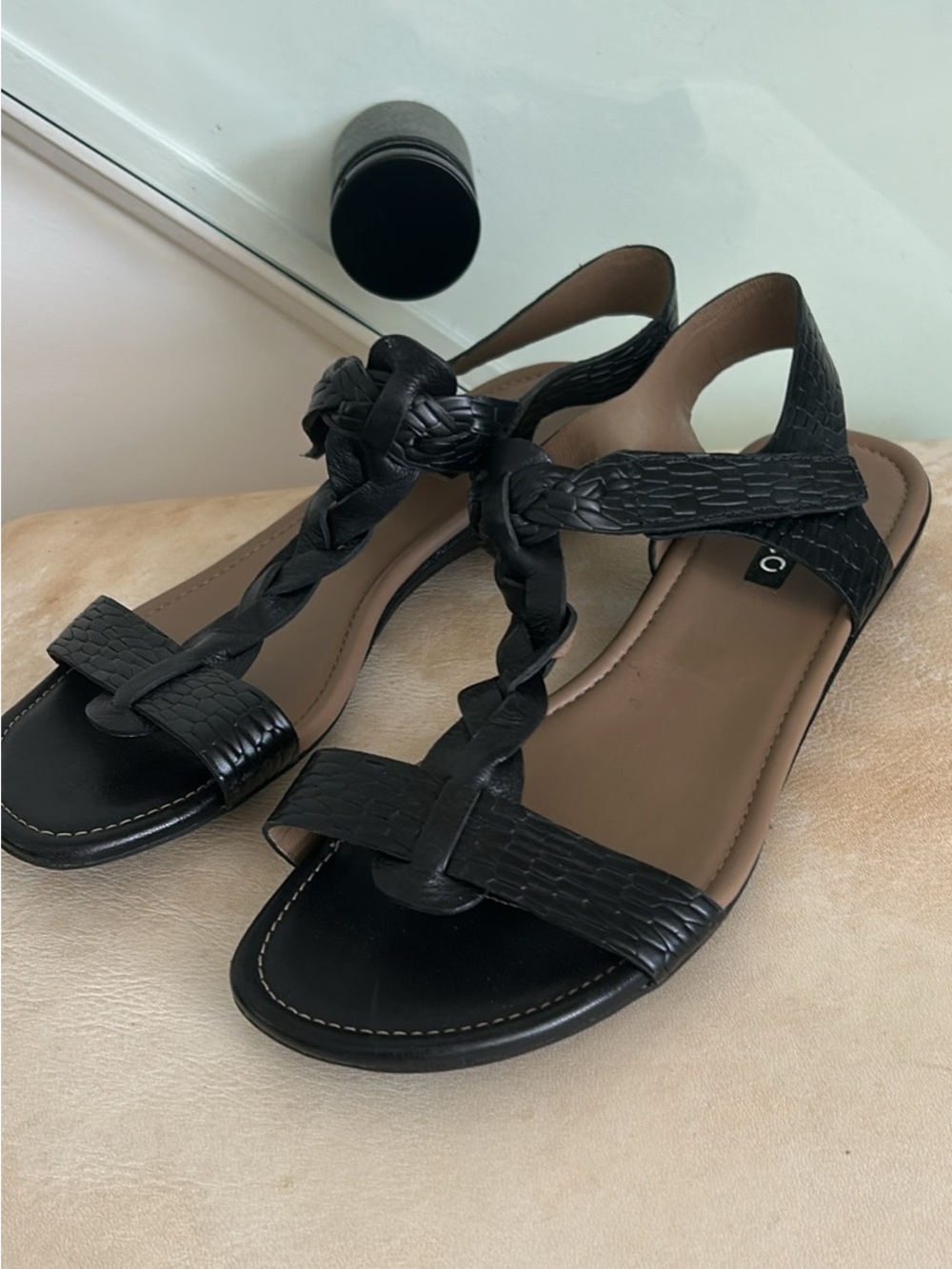 Ecco Black Braided Leather T-Strap Slingback Sandals